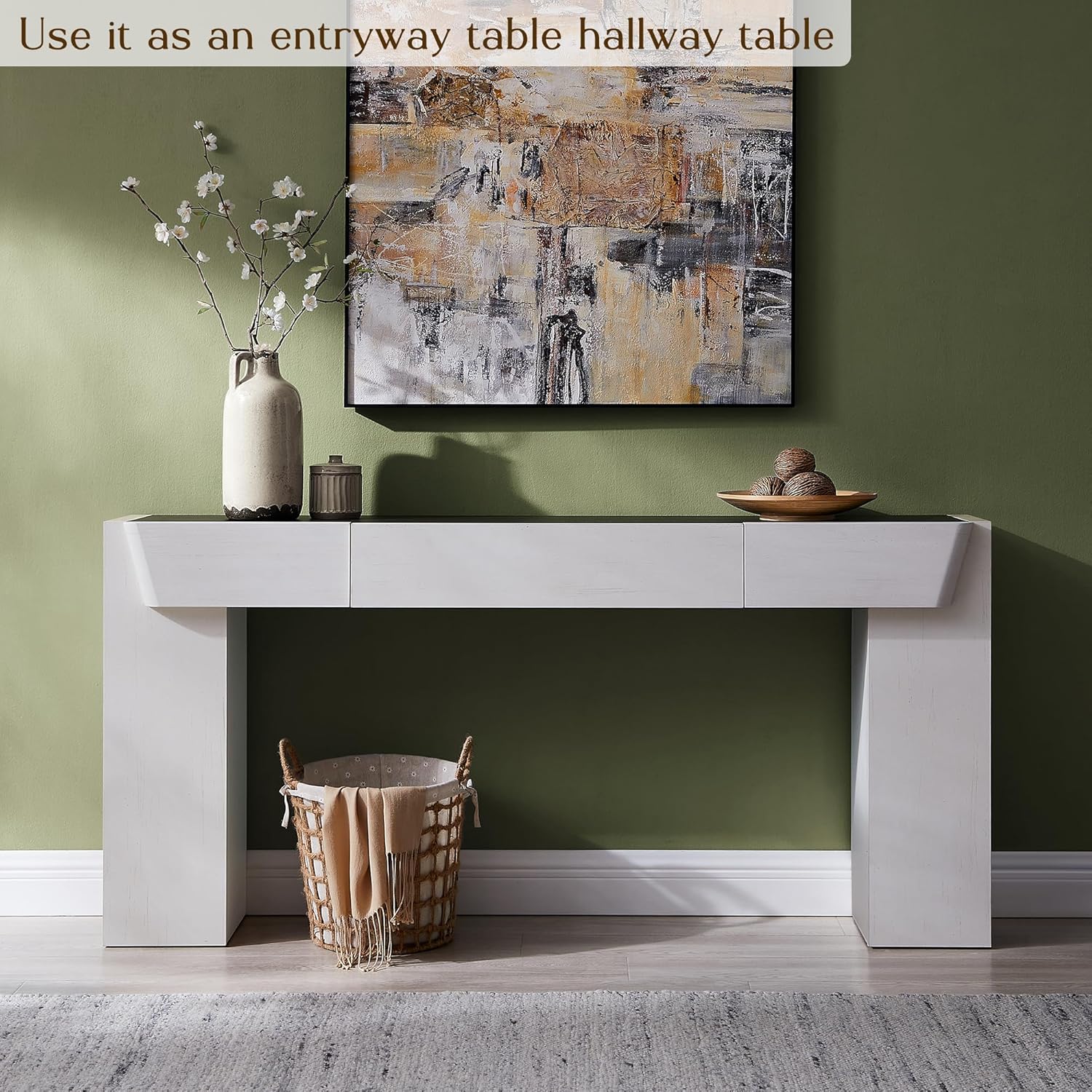 JXQTLINGMU 63" Modern Console Table with Storage Drawer, Entryway Table with Drawers, Thick Wood Legs, Sofa Table Behind Couch, Wood Console Tables for Entryway Hallway Living Room, White and Black