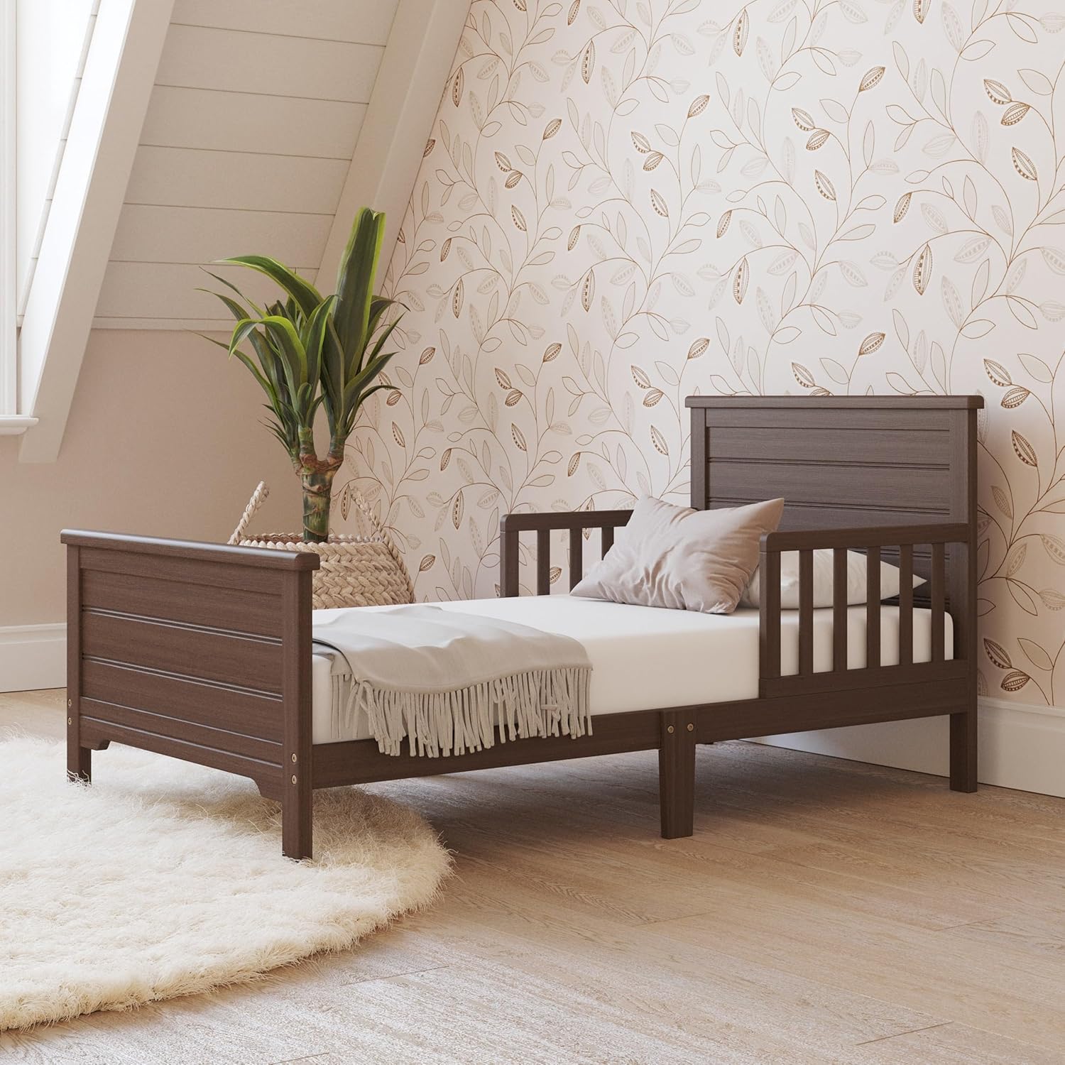 Child Craft Woodland Toddler Bed and Nightstand Bedroom Furniture Set, 2 Piece, Low to Ground Design (Brushed Truffle)