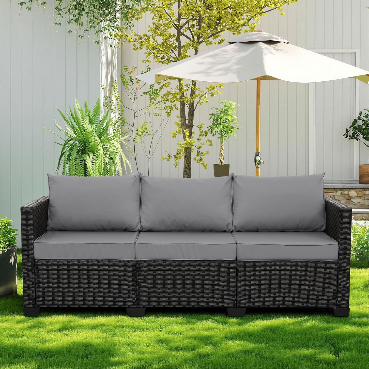 Rattan Star Patio Furniture Outdoor Couch Wicker Outdoor Furniture Patio Couch Deep Seat Sofa High Backrest with Waterproof Cover and Non-Slip Cushions, Grey