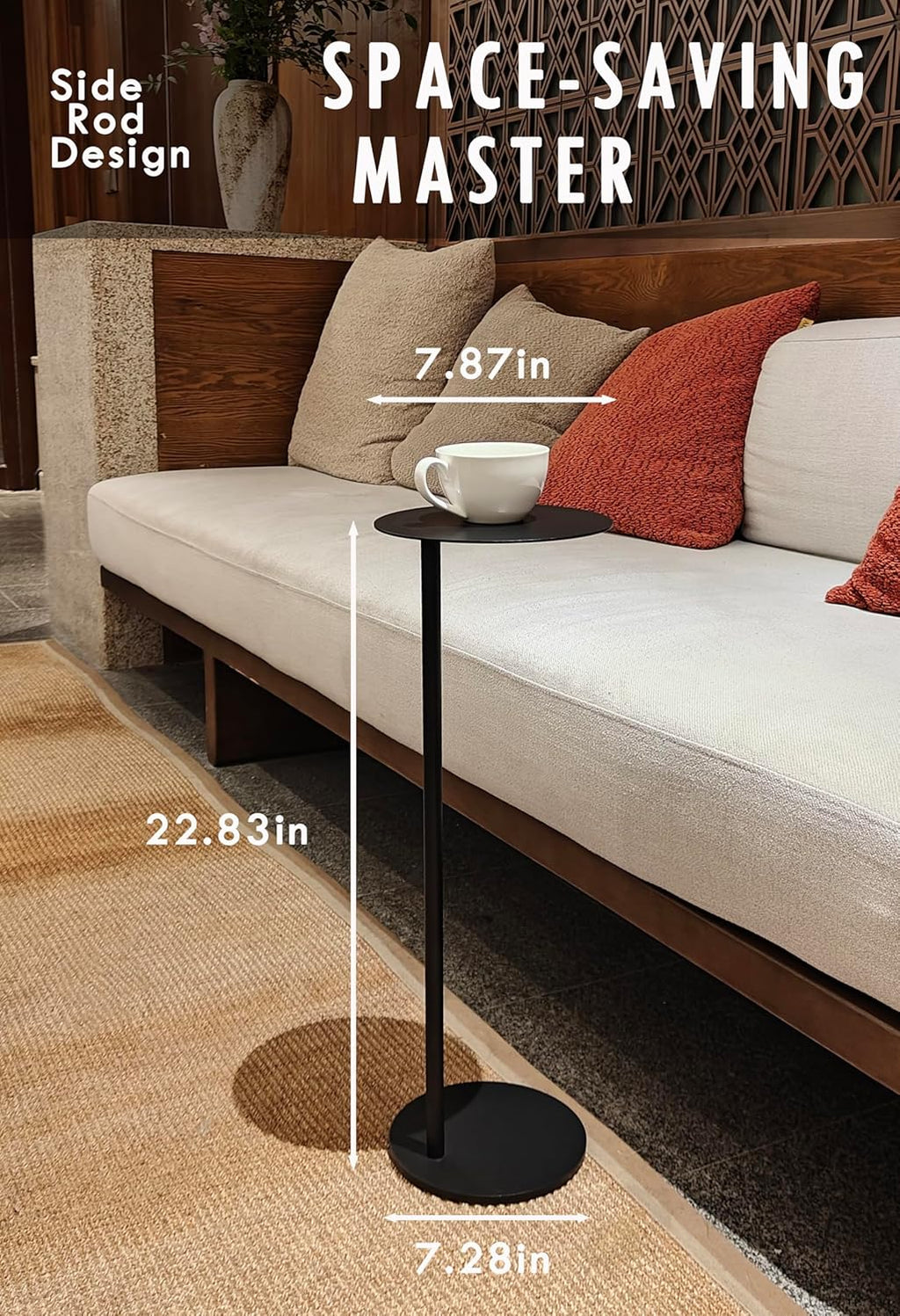 Premium Round Mini Side Table, C Shaped End Table, Drink Table, Small Pedestal Side Table with Upgraded Weighted Metal Base, for Livingroom, Bedroom, Bathroom, Balcony, Small Spaces (Black)