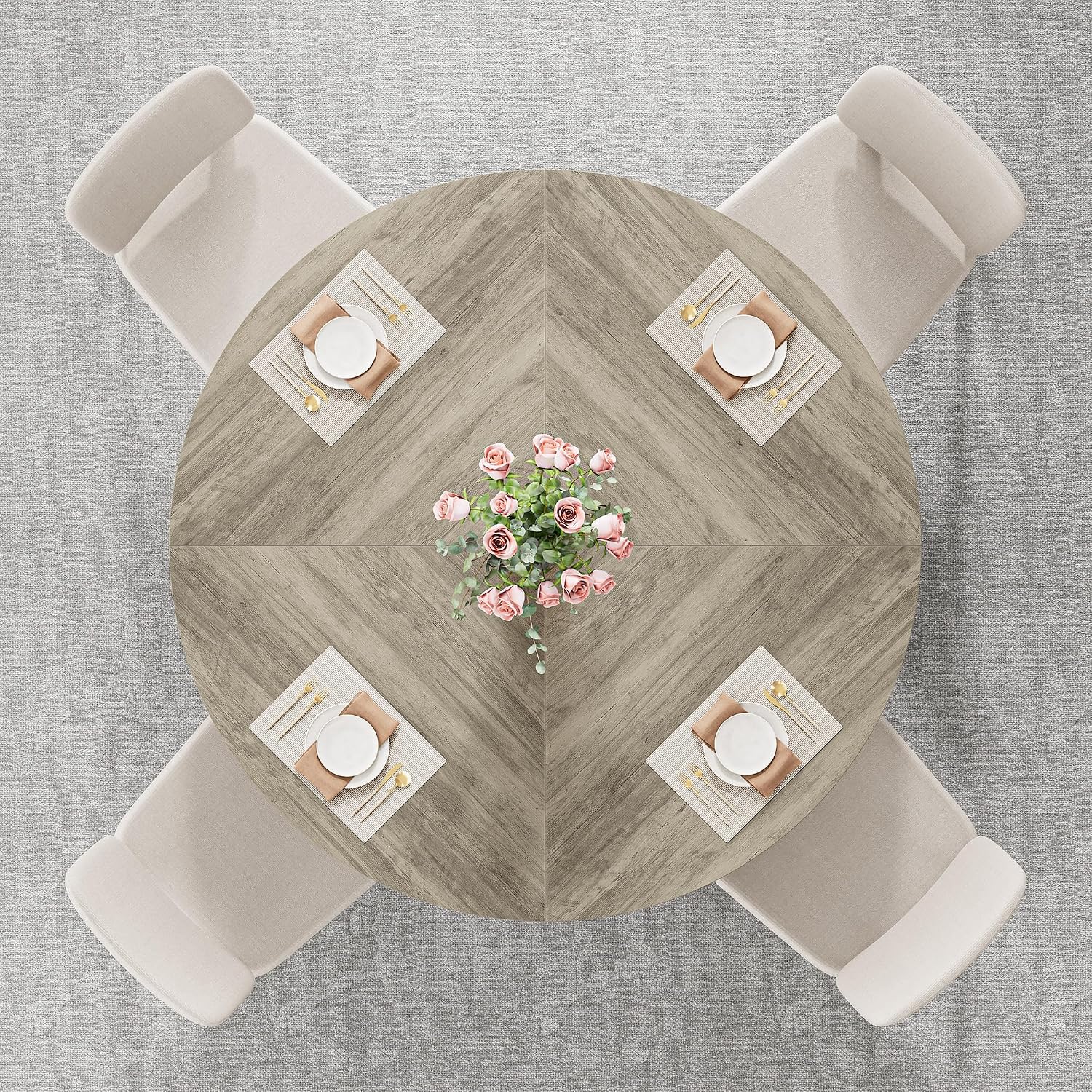 IRONCK 47.2" Round Dining Table for 4-6 People, Wooden Dining Room Table with H-Shape Pedestal Base, Farmhouse Dinner Table, Circle Kitchen Tables for Dining Room, Kitchen, Apartment, Light Gray