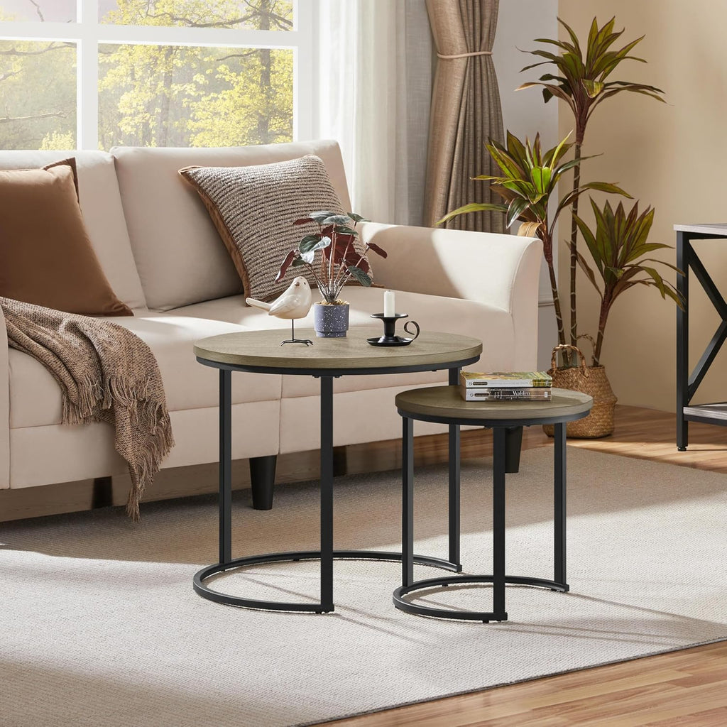 Yaheetech Nesting End Table Set of 2, Rustic Stacking Side Tables, Round Wooden Tabletop and Sturdy Metal Base for Living Room, Tea Room, Small Space, Gray | Nesting Table