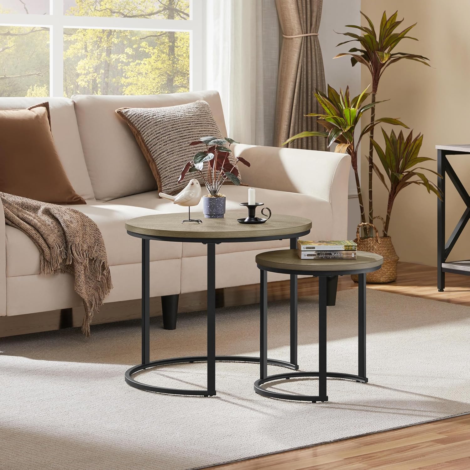 Yaheetech Nesting End Table Set of 2, Rustic Stacking Side Tables, Round Wooden Tabletop and Sturdy Metal Base for Living Room, Tea Room, Small Space, Gray | Nesting Table