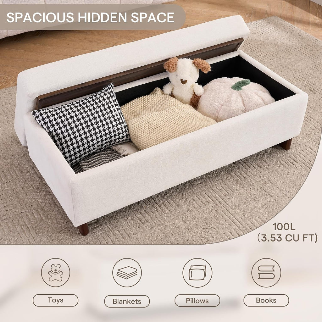 46 Inch Storage Ottoman Coffee Table, Large Upholstered Ottoman Bench with Storage, Wooden Tray and Legs for Living Room,Bedroom,End of Bed,Entryway,Beige