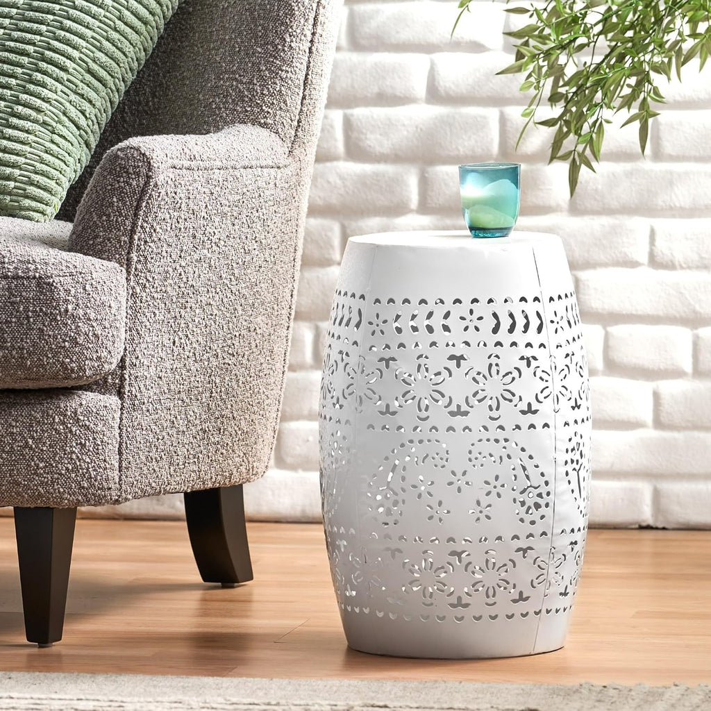 Iron Side Table,Cylindrical Design Suitable for the Living Room Indoor and Outdoor Coffee Table(White,1pc)
