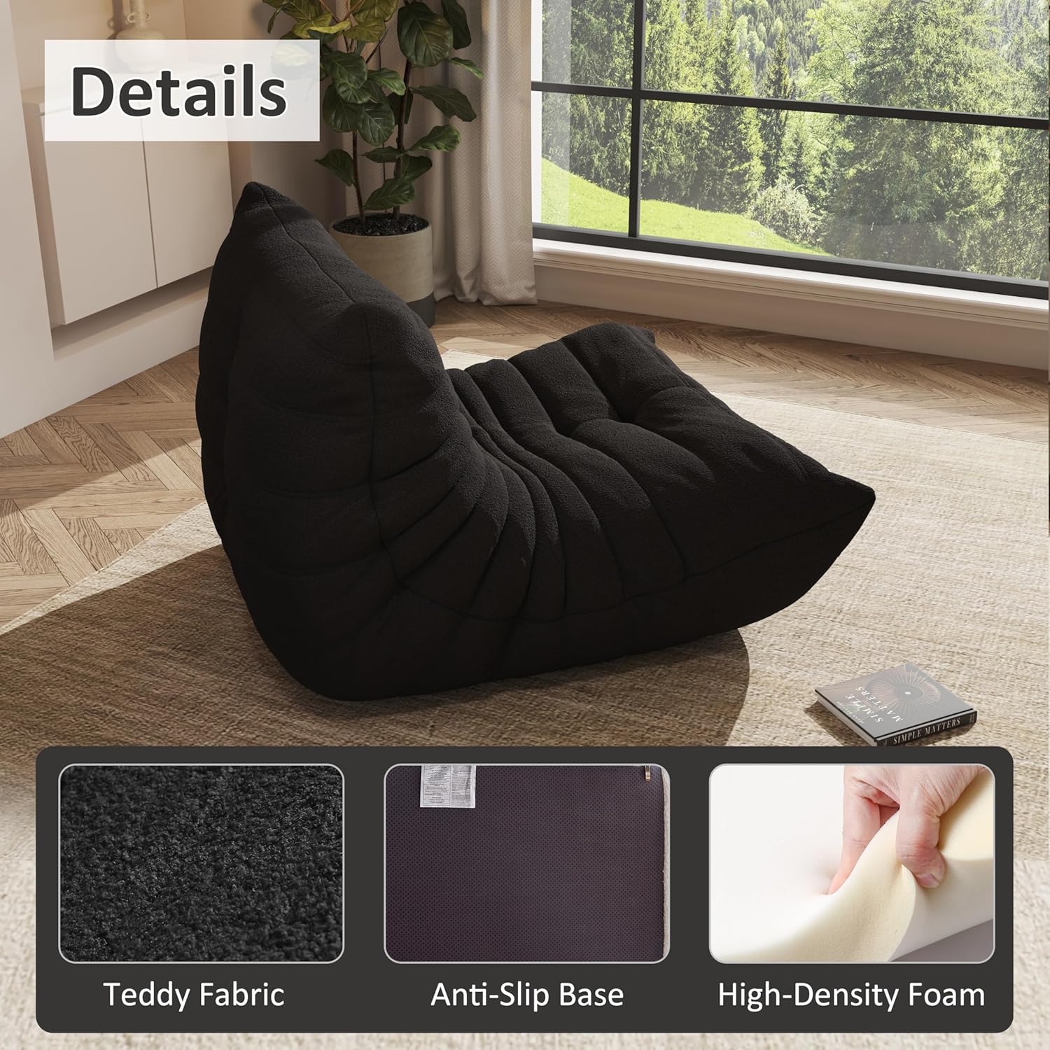 Giant Bean Bag Chair for Adults,Comfy Lazy Fireside Accent Chair with Memory Foam,Cozy Single Floor Sofa Couch Boneless Chaise Lounge for Living Room Bedroom Gaming Room(Black,1Seater)
