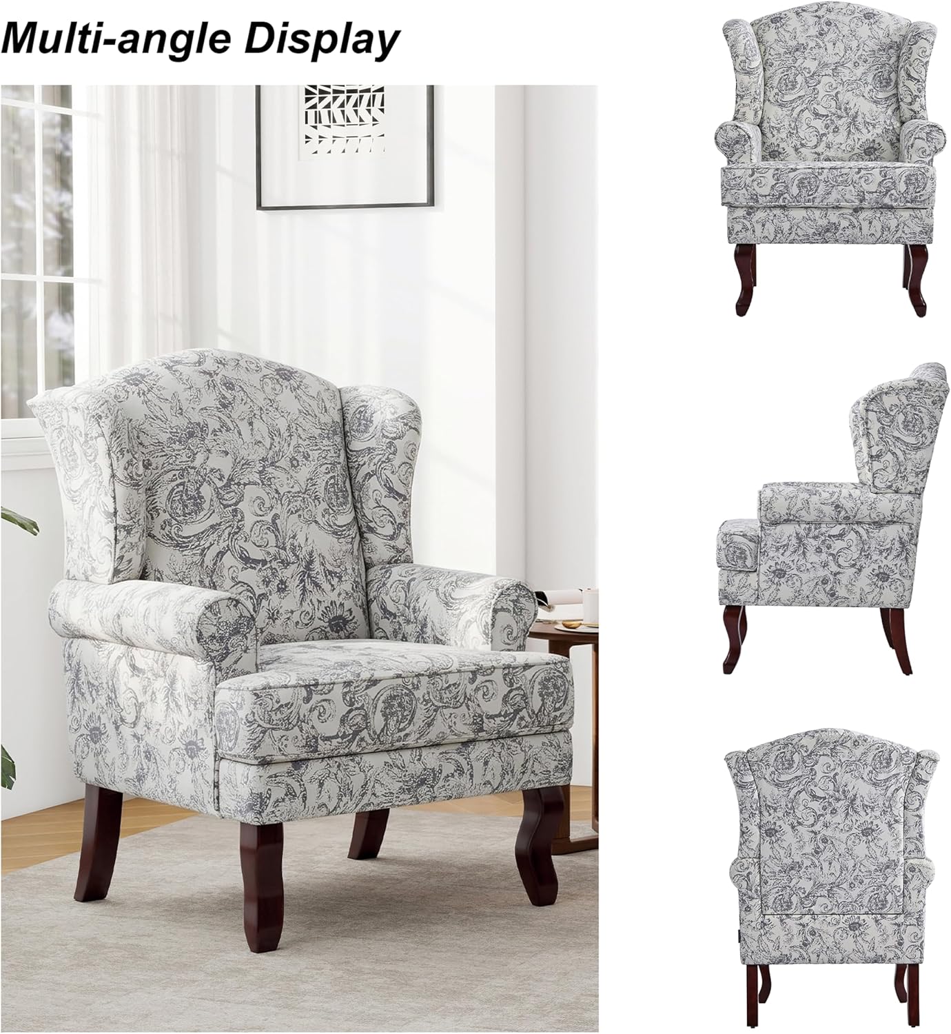 Mid-Century Modern Wingback Accent Chair, Rococo Light Grey, Set of 2 | High Back Upholstered Armchair with Solid Wood Legs, Comfy Single Sofa Reading Chairs for Living Room, Bedroom