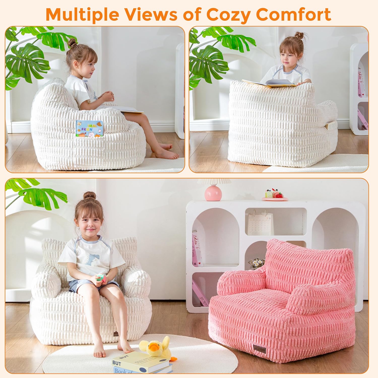MAXYOYO Bean Bag Chair for Kids, Toddler Bean Bag Sofa with Armrest, Comfy Lazy Chair with Convenient Pockets, Floor Sofa with Filler for Gaming, Reading, Beige