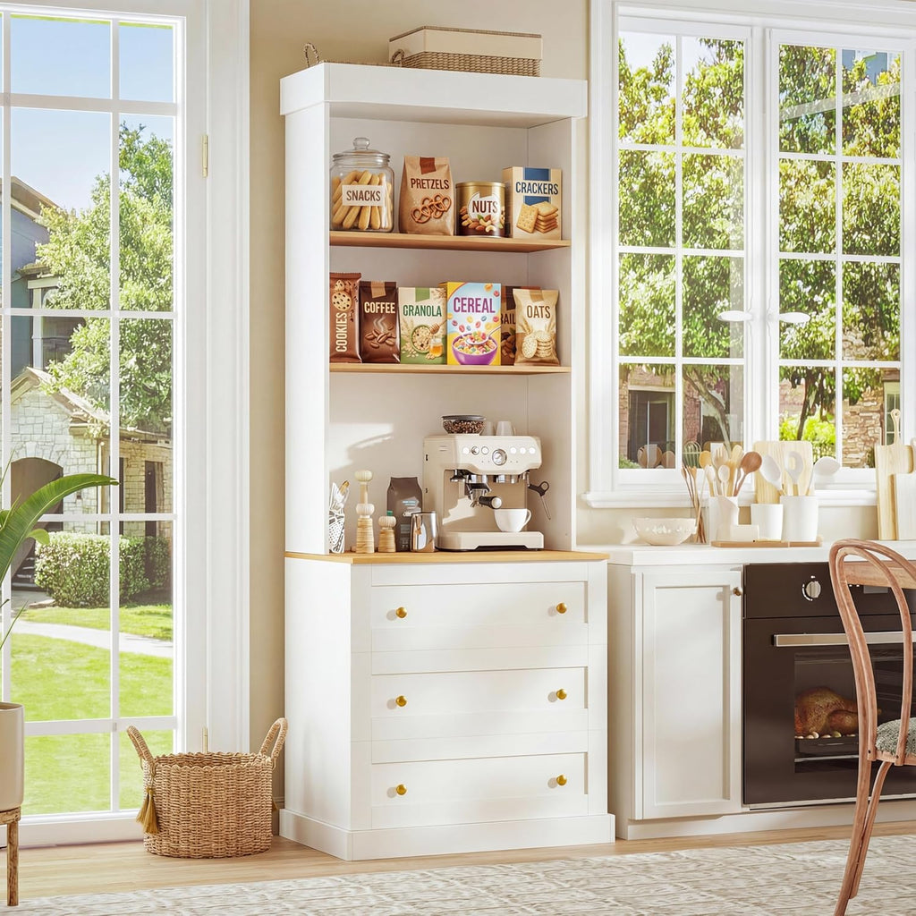 71" Farmhouse Kitchen Pantry Cabinet with Drawers, White Freestanding Coffee Bar Hutch with Microwave Stand, Large Storage Cabinet with Adjustable Shelves for Living Room and Kitchen