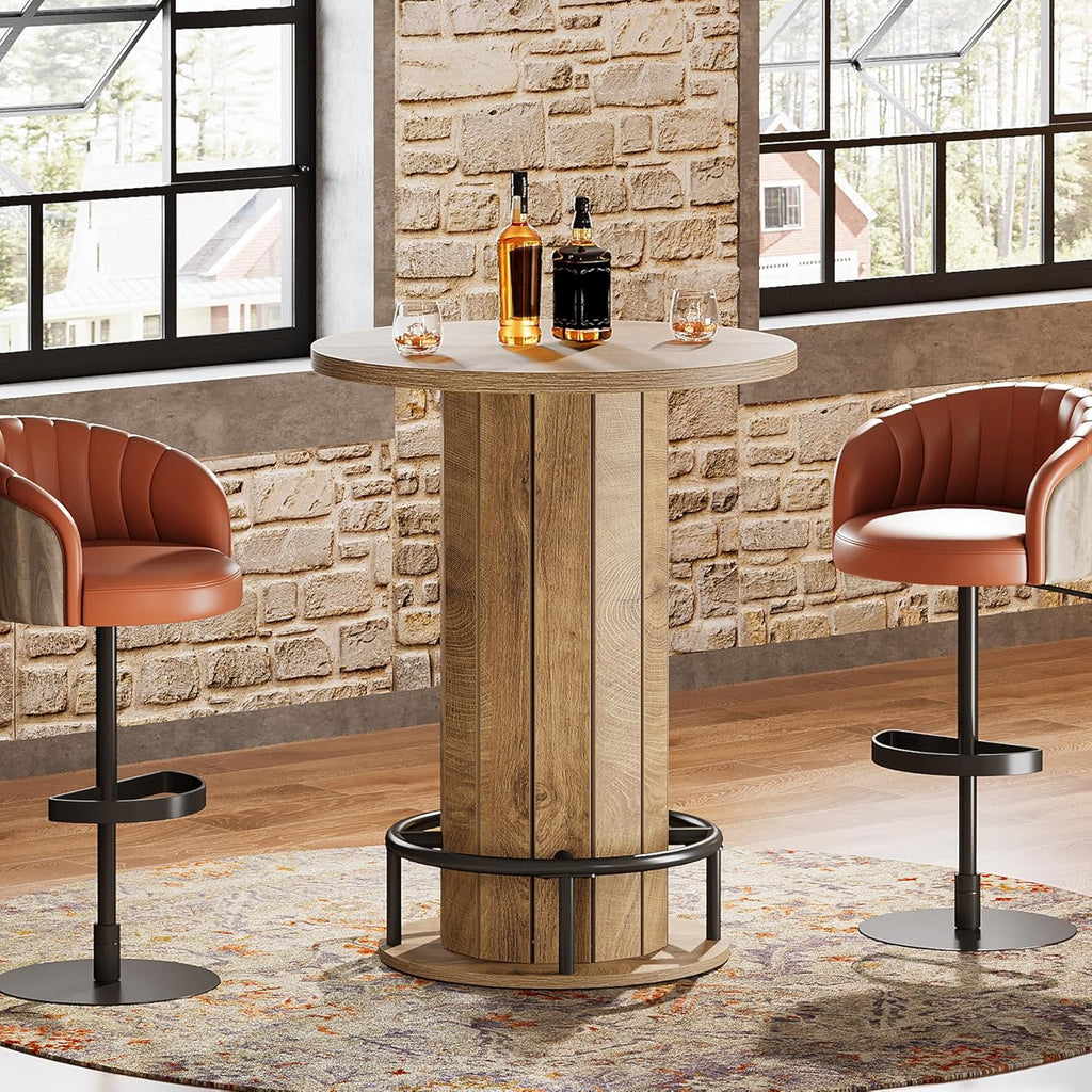 Tribesigns Round Bar Table, 39.4" H Wood Bistro Pub Table with Metal Ring Footrest for Dining Coffee Cocktail Living Room, Small Space, Light Brown (Only Table)