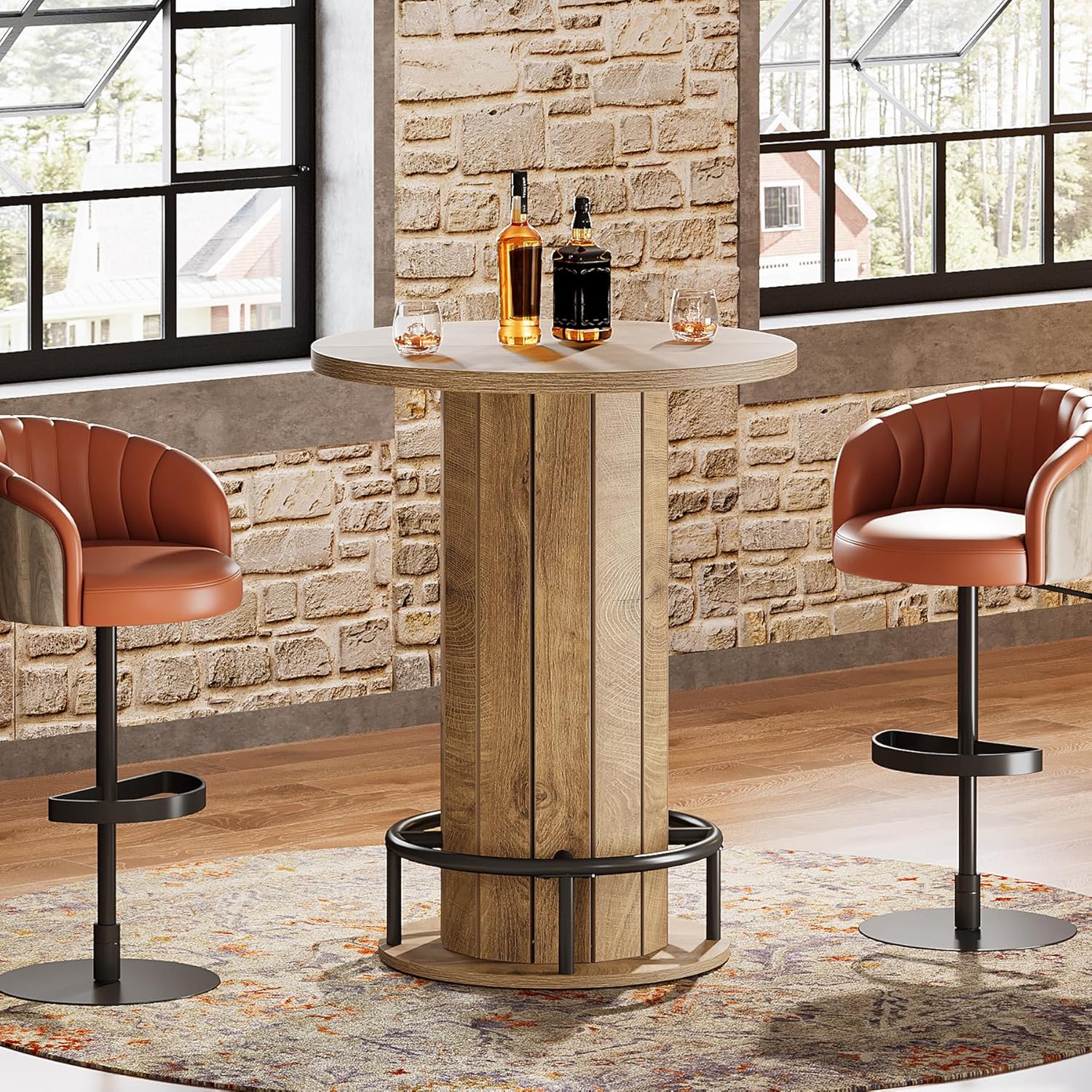 Tribesigns Round Bar Table, 39.4" H Wood Bistro Pub Table with Metal Ring Footrest for Dining Coffee Cocktail Living Room, Small Space, Light Brown (Only Table)