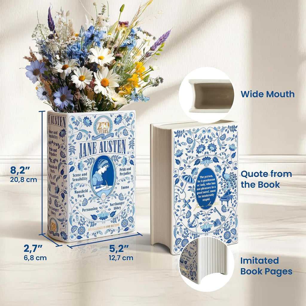 H&H + 6 in 1 + Jane Austen Book Vase for Flowers + Bookmark + Emma, Mansfield Park, Sense and Sensibility, Northanger Abby, Persuasion, Pride and Prejudice Merch + 2025 Jane Austen Anniversary Edition