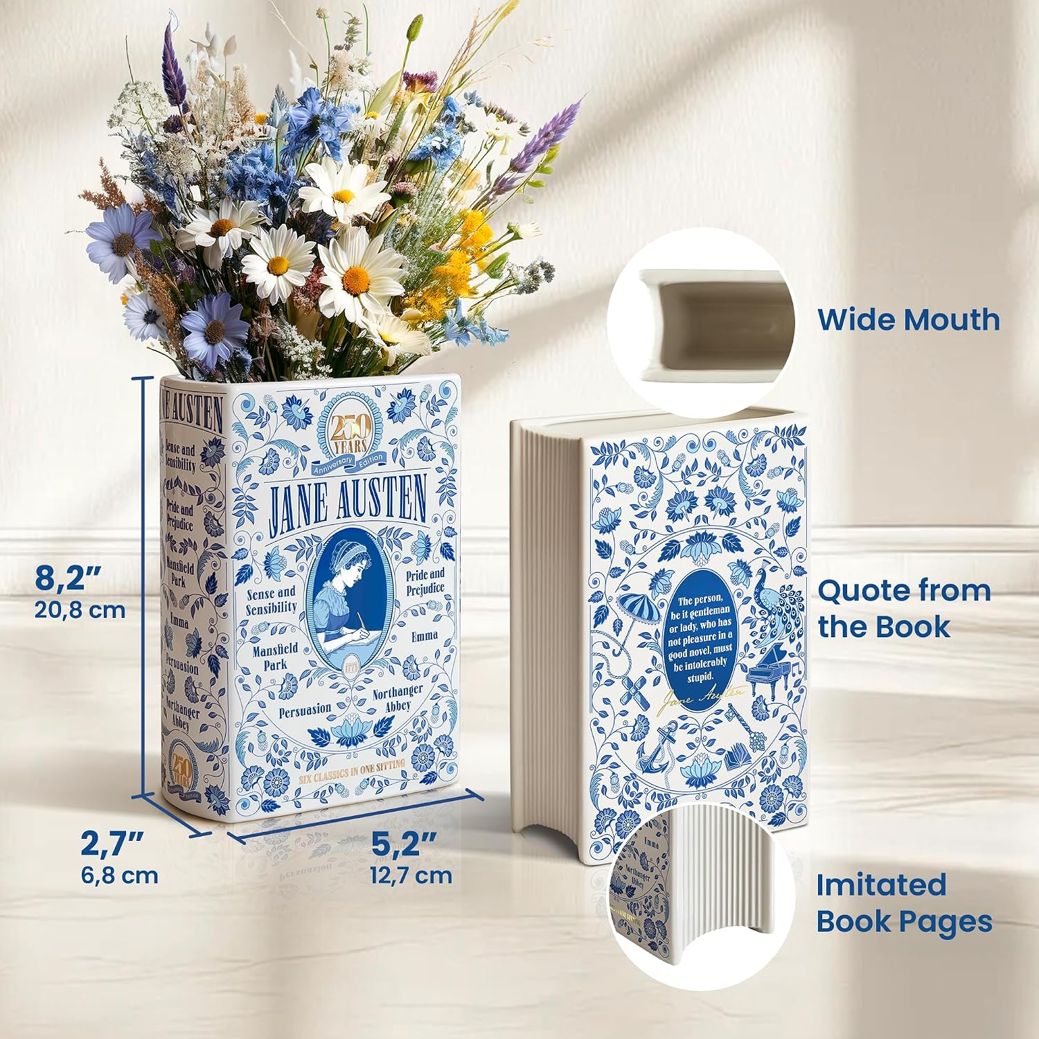 H&H + 6 in 1 + Jane Austen Book Vase for Flowers + Bookmark + Emma, Mansfield Park, Sense and Sensibility, Northanger Abby, Persuasion, Pride and Prejudice Merch + 2025 Jane Austen Anniversary Edition