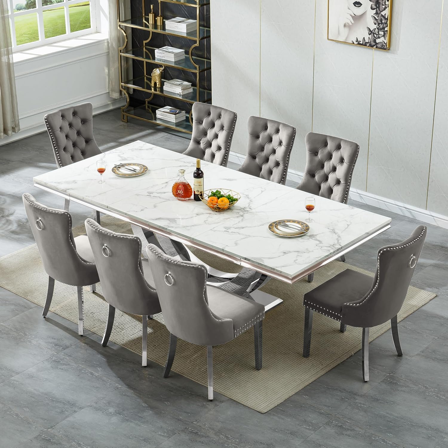 94.5" Large Dining Table for 10-12 People, Modern White Rectangle Kitchen Dinner Table w/Faux Marble Top&Silver Steel U-Base, Extral Long Dining Room Tables for Kitchen Living Room