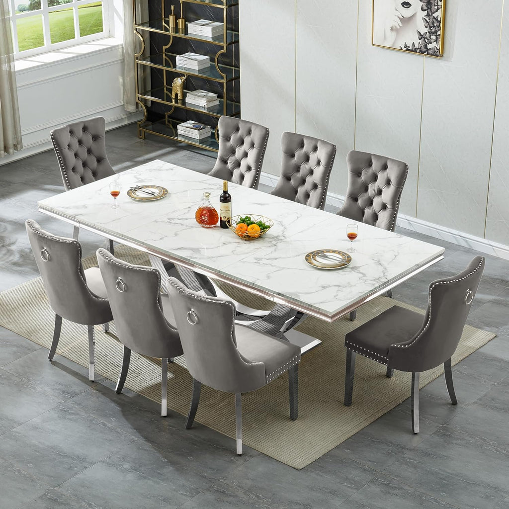 9-Piece Modern Dining Table Set with 8 Chairs, 94.5" Large Marble Kitchen Table & Grey Upholstered Chairs Set for 8, White Dining Room Table Set with Silver Stainless Steel Frame & Faux Mable Top