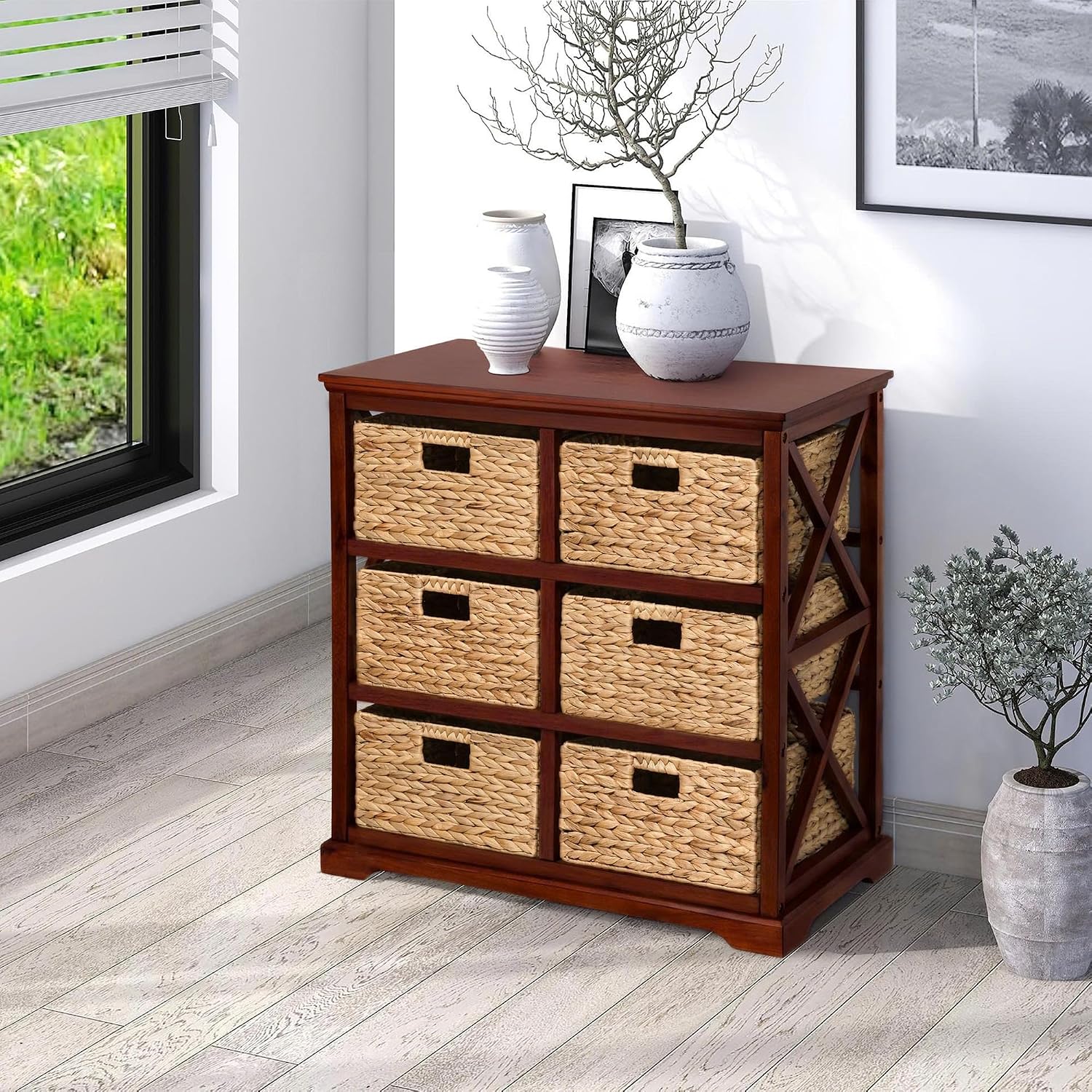 eHemco Hampton Meadows 3 Tier X-Side End Storage Cabinet with 6 Wicker Baskets, Cherry