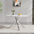 Modern Round Dining Table for 4 to 6, 47 inch Circle Dining Table with White Faux Marble Top & Silver Stainless Steel X Base, Round Dining Room Table for Kitchen Dining Room Small Space