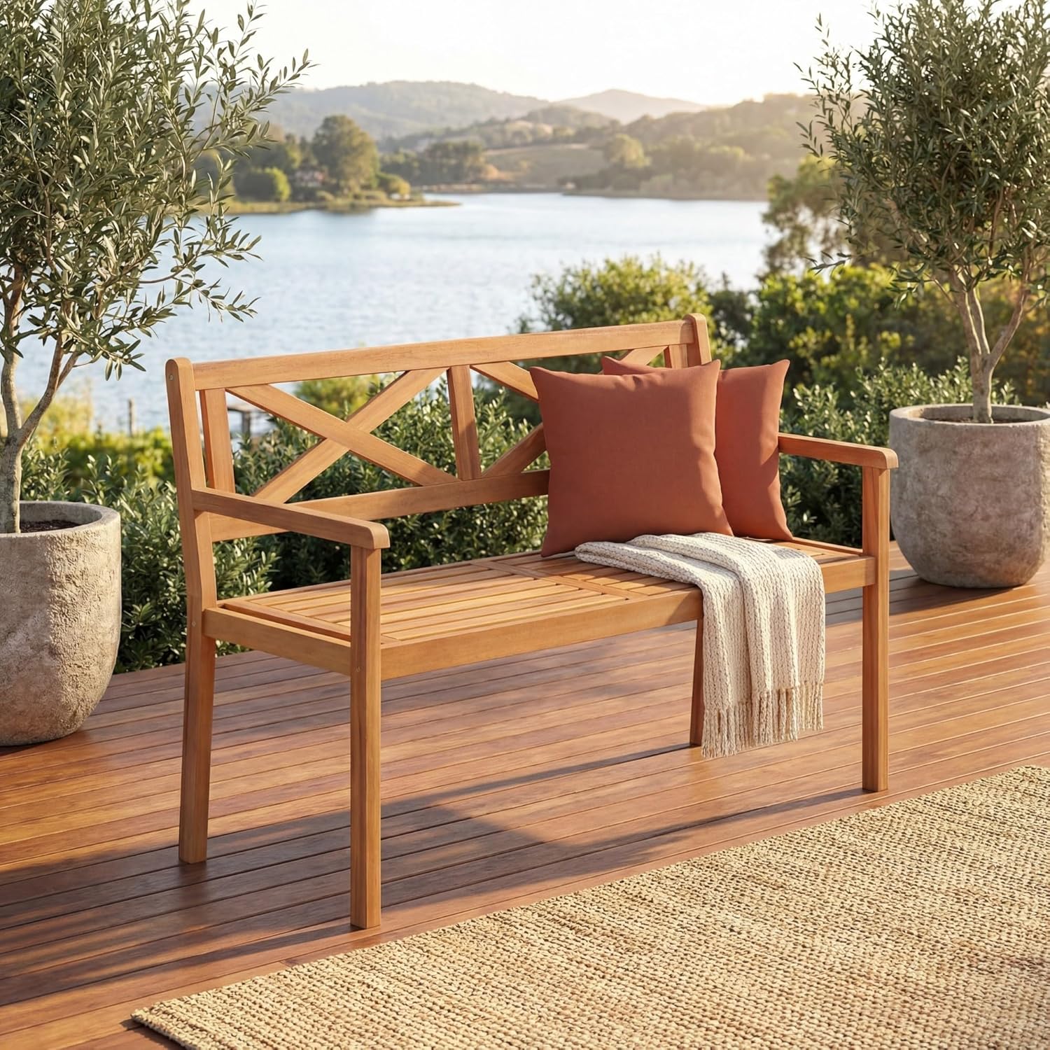 Giantex 2-Person Outdoor Bench, 47" Patio Acacia Wood Loveseat with Slatted Seat, Armrests & X-Shaped Backrest, Wooden Garden Seating for Backyard, Porch, Deck, Poolside