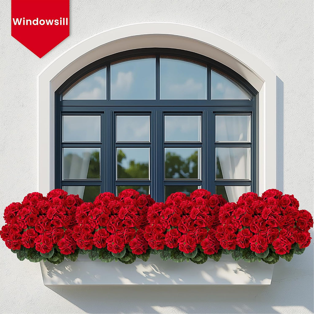 6 PCS 14" Artificial Geranium Flowers for Outdoors, Realistic Artificial Flowers UV Resistant Silk Faux Geraniums for Garden Planter Windowsills Patios Wedding Outdoor Home Decor, Red