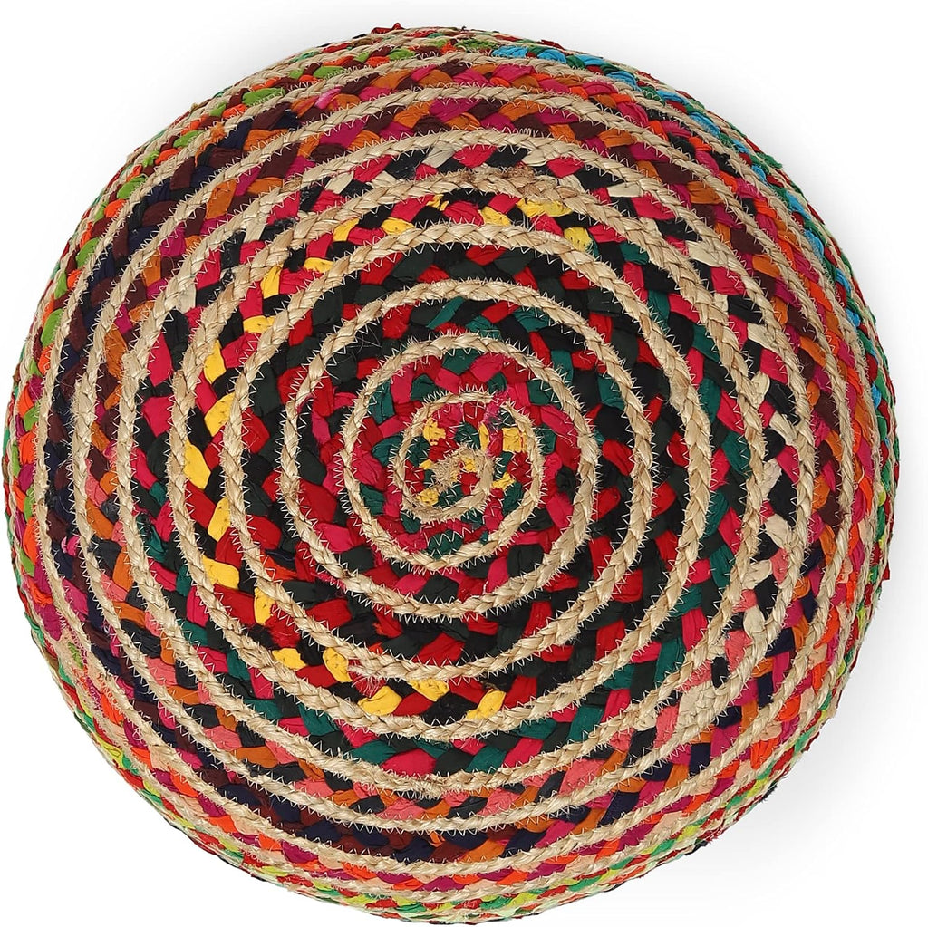 · REDEARTH · Braided Jute Cotton Pouf - Circular Boho Ottoman - Multi | Jute with Cotton Pouf, 19.5"x19.5"x14"; Braided Boho Pouffe, Doubles as Foot Rest for Living Room, Patio, Outdoor, Bedroom