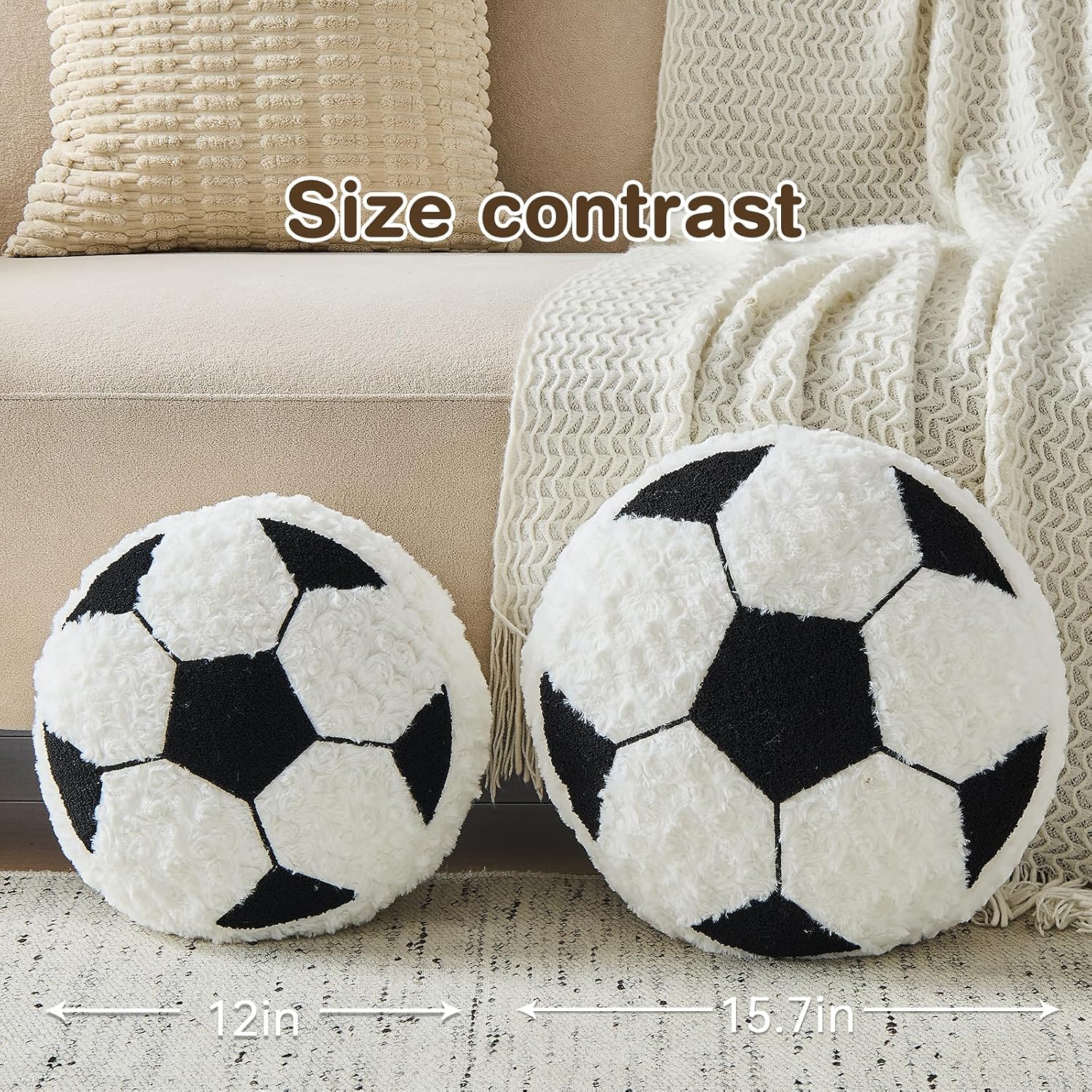 Soccer Pillow Football Round Cushion Soft Fluffy Soccerball Decorative Plush Pillow for Room Decor (Black, 12 Inch)