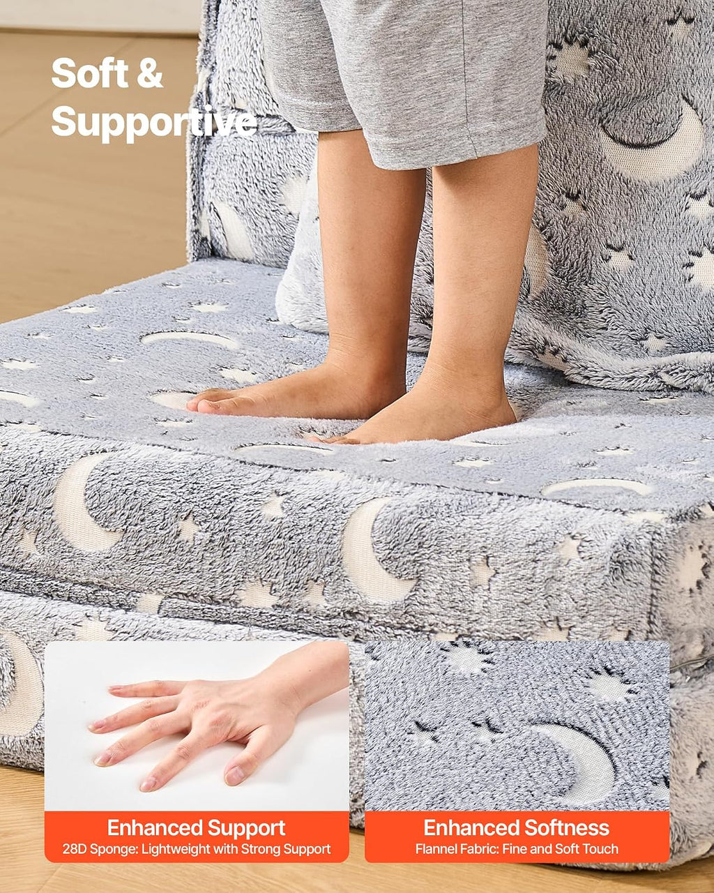 VEVOR 3-in-1 Kids Sofa, Foldable Toddler Soft Couch, Glow in The Dark Kids Couch Fold Out with 28D Sponge & Flannel Fabric, Convertible Toddler Chair to Lounger for Reading, Playing, Gaming, M, Gray