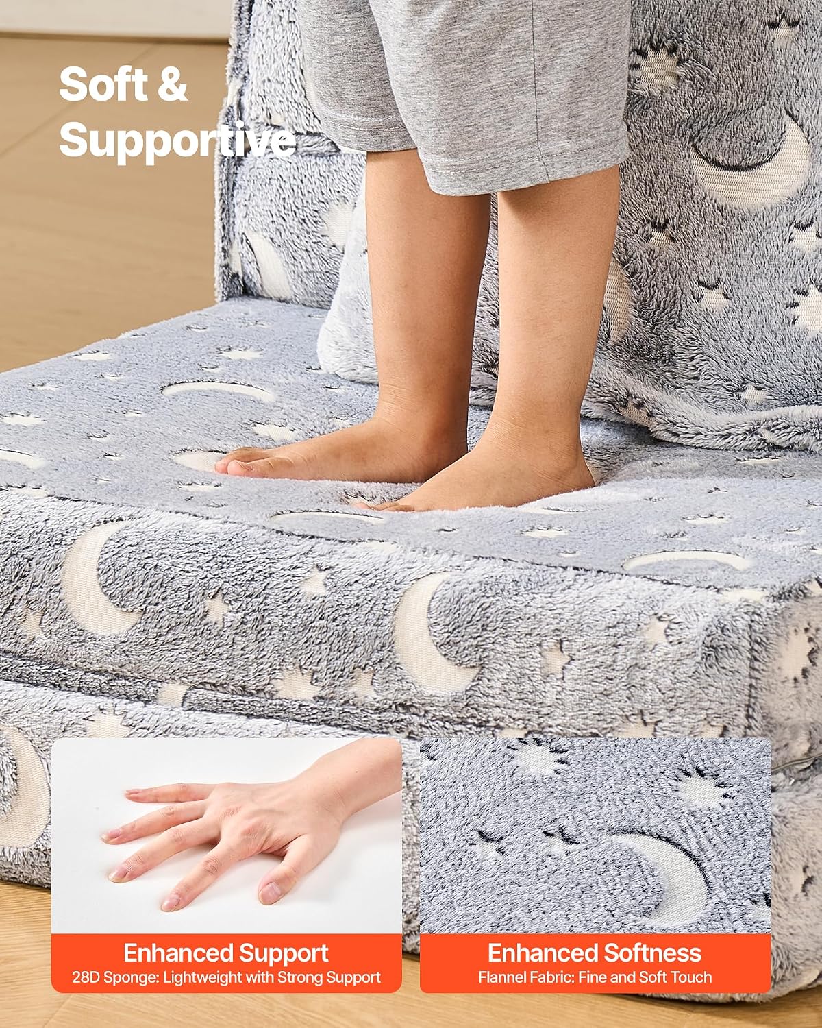 VEVOR 3-in-1 Kids Sofa, Foldable Toddler Soft Couch, Glow in The Dark Kids Couch Fold Out with 28D Sponge & Flannel Fabric, Convertible Toddler Chair to Lounger for Reading, Playing, Gaming, M, Gray