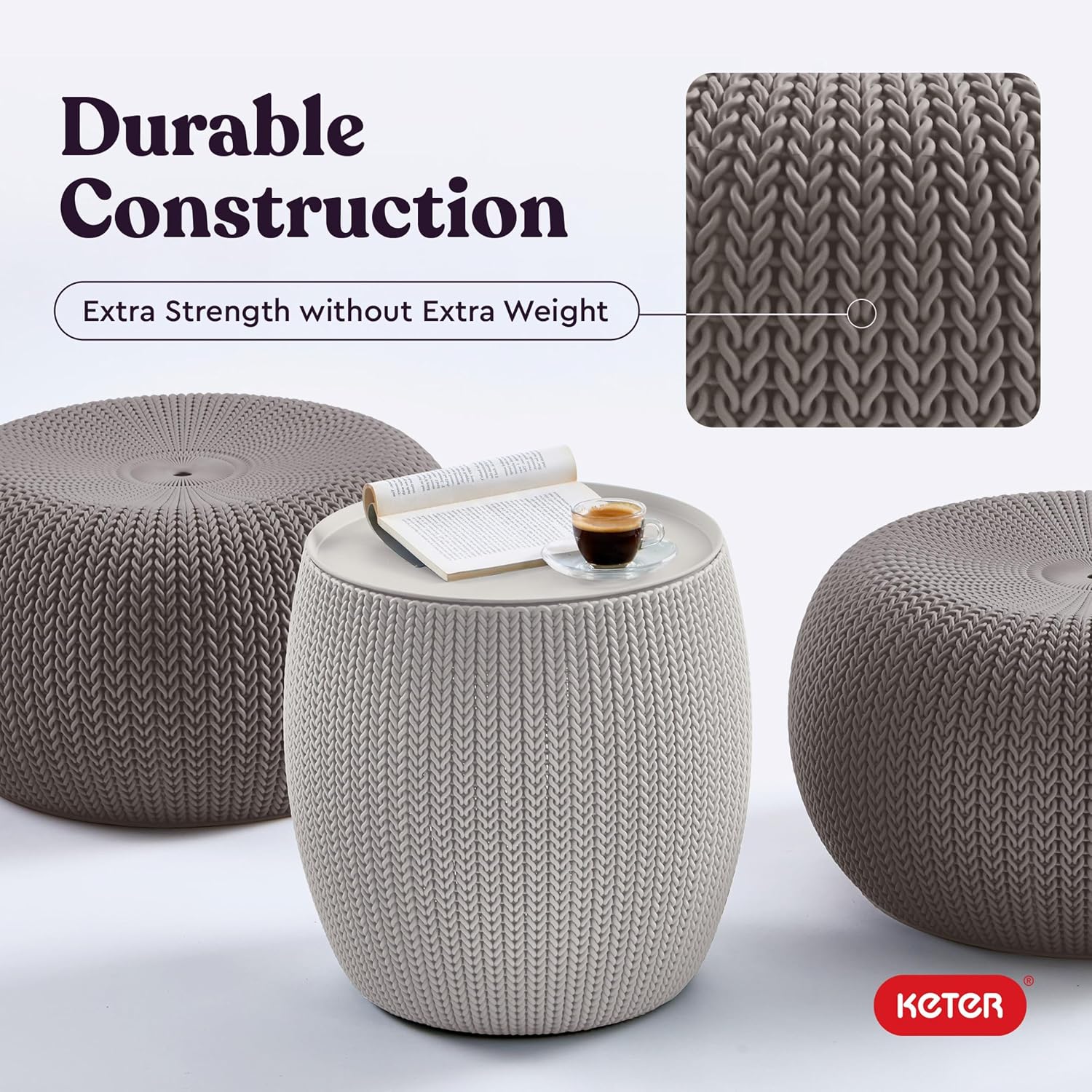 KETER Urban Knit Pouf Ottoman Set of 2 with Storage Table for Patio and Room Décor-Perfect for Balcony, Deck, and Outdoor Seating, Cream & Taupe
