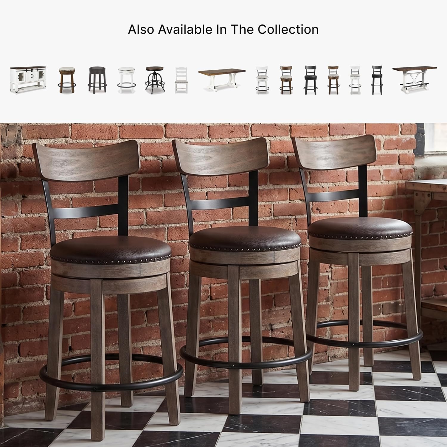 Signature Design by Ashley Pinnadel Bar Stool, Swivel Counter Height Stool Chair With Faux Leather Seat, Wood and Metal Frame for Kitchen Island With Seating, Light Brown