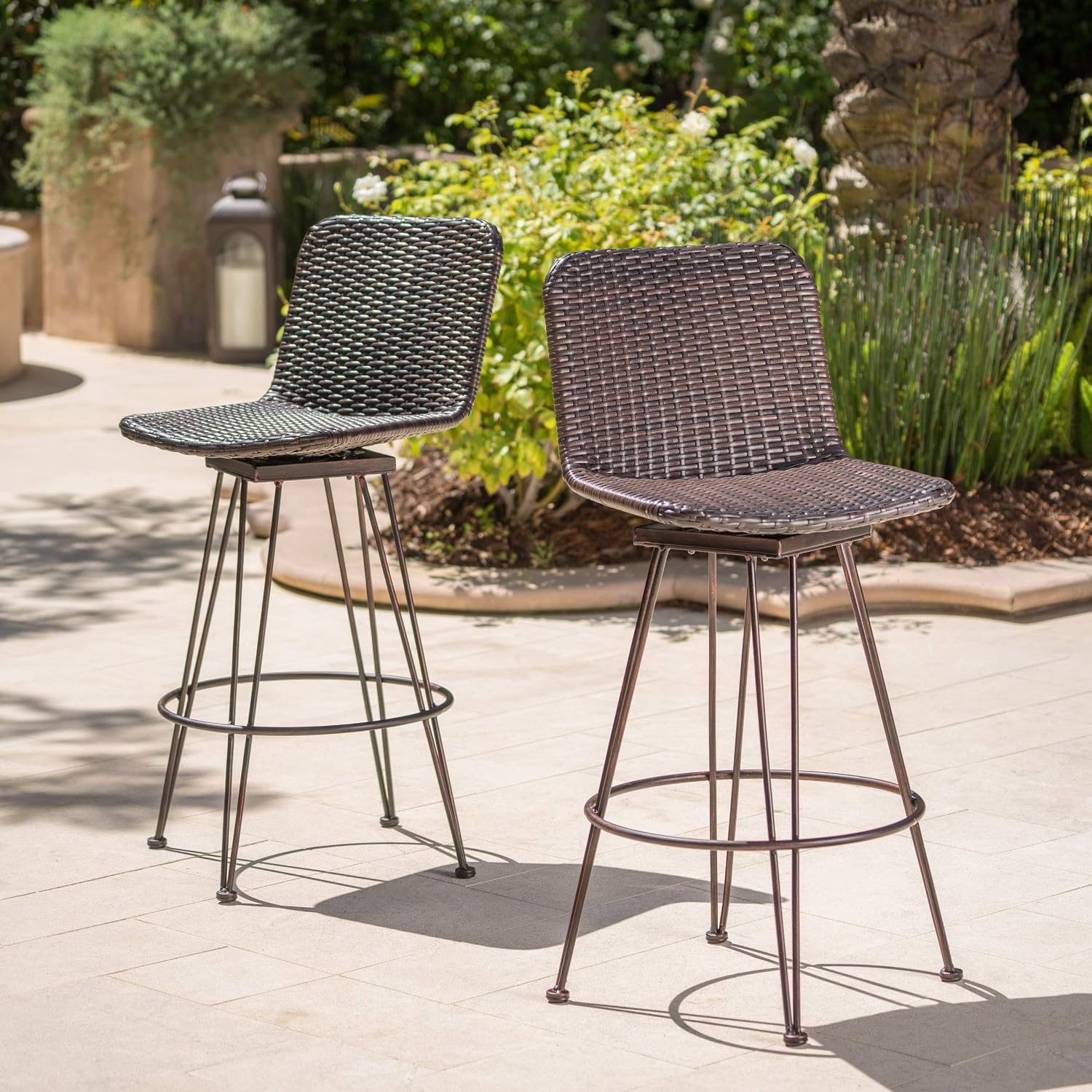 Christopher Knight Home Torrey Outdoor Wicker Barstools with Iron Frame, 2-Pcs Set, Multibrown / Black Copper
