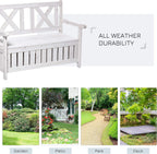 Patio Wooden Bench with Storage Box, 29 Gallon Outdoor Storage Bench, Large Entryway Deck Box w, Unique X Shape Back, for Deck, Porch Balcony, White