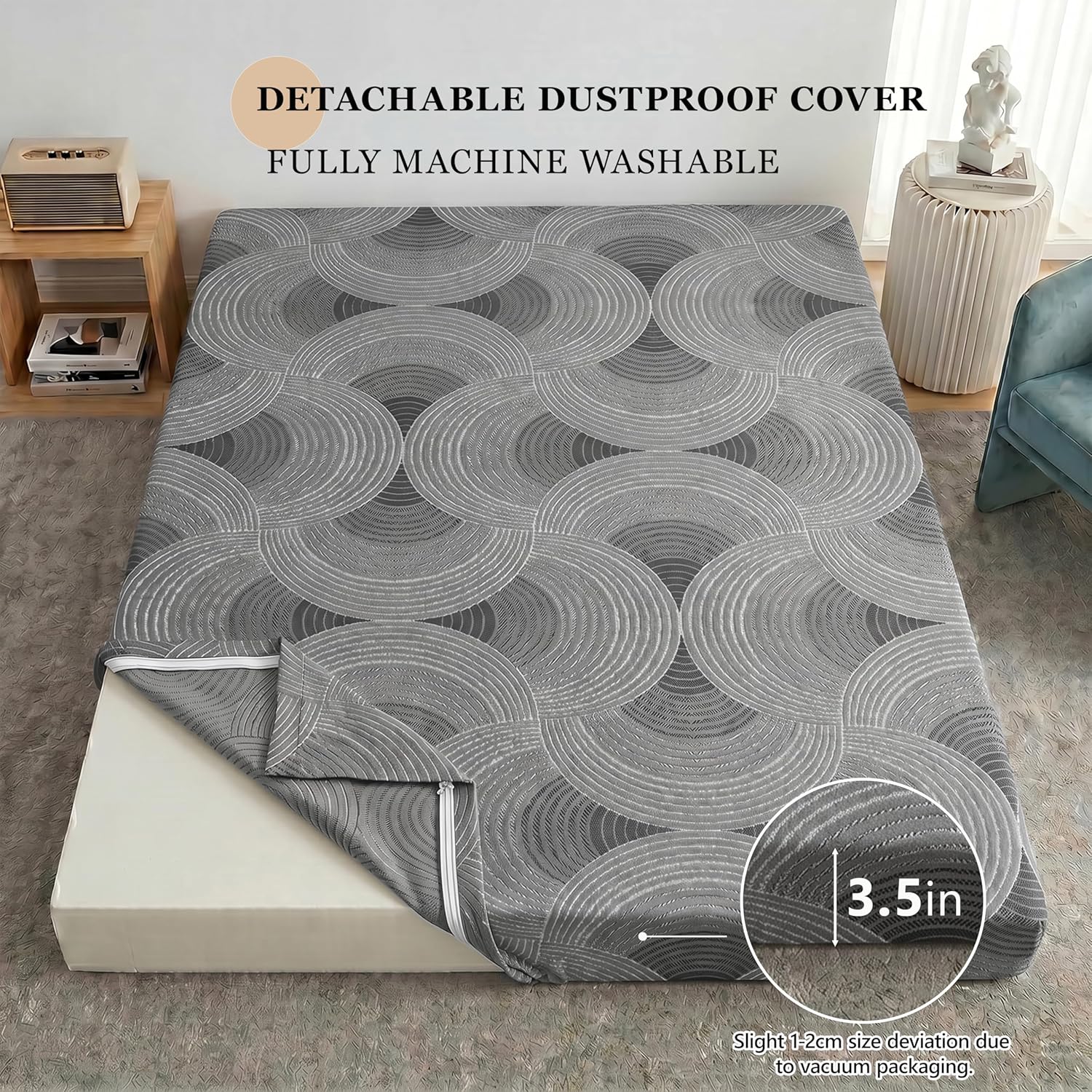 Japanese Floor Mattress, 3.5" Thicken Futon Mattress Tatami Mat with Non-Slip Bottom,Removable Washable Cover,Foldable Mattress Tatami Mat Sleeping Pad,Grey Geometric,Full（80’‘x48''