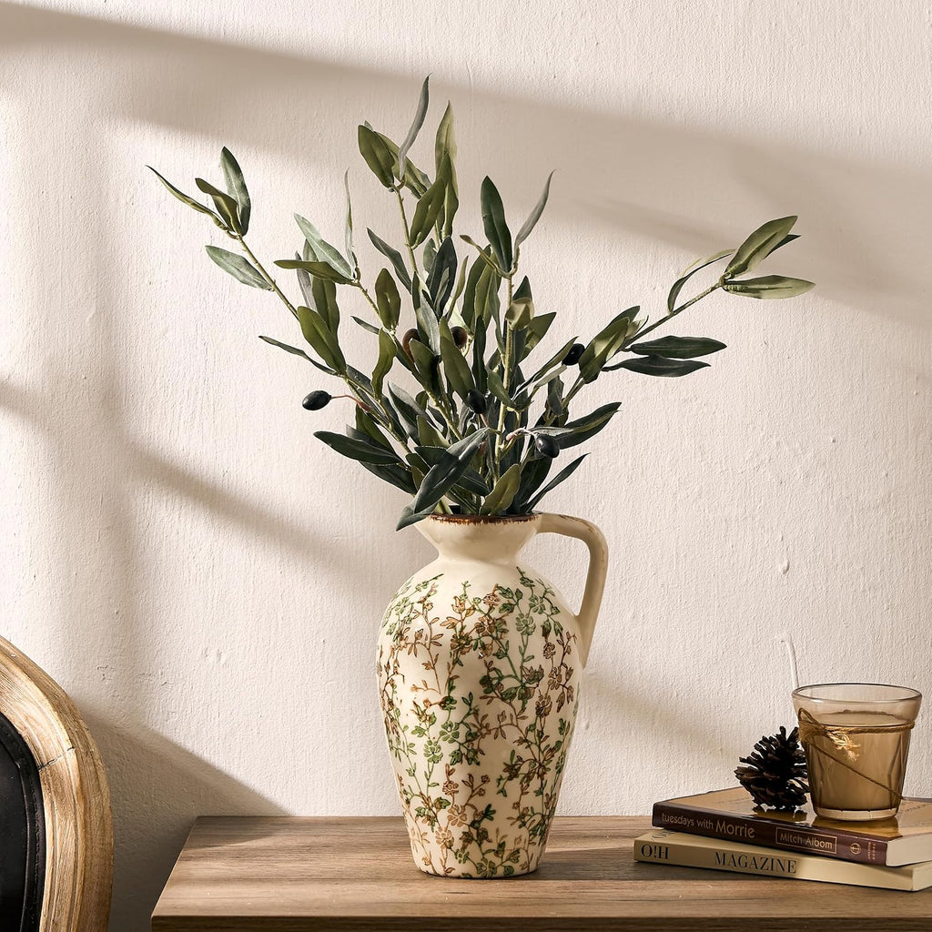 Green and Beige Antique Vase, 8.9 Inch Vintage Chinoiserie Floral Vase, Rustic Ceramic Vase for Home Decor, Living Room, Bookshelf, Office, Entryway, Garden, Chinoiserie Decor, Tuscan Decor