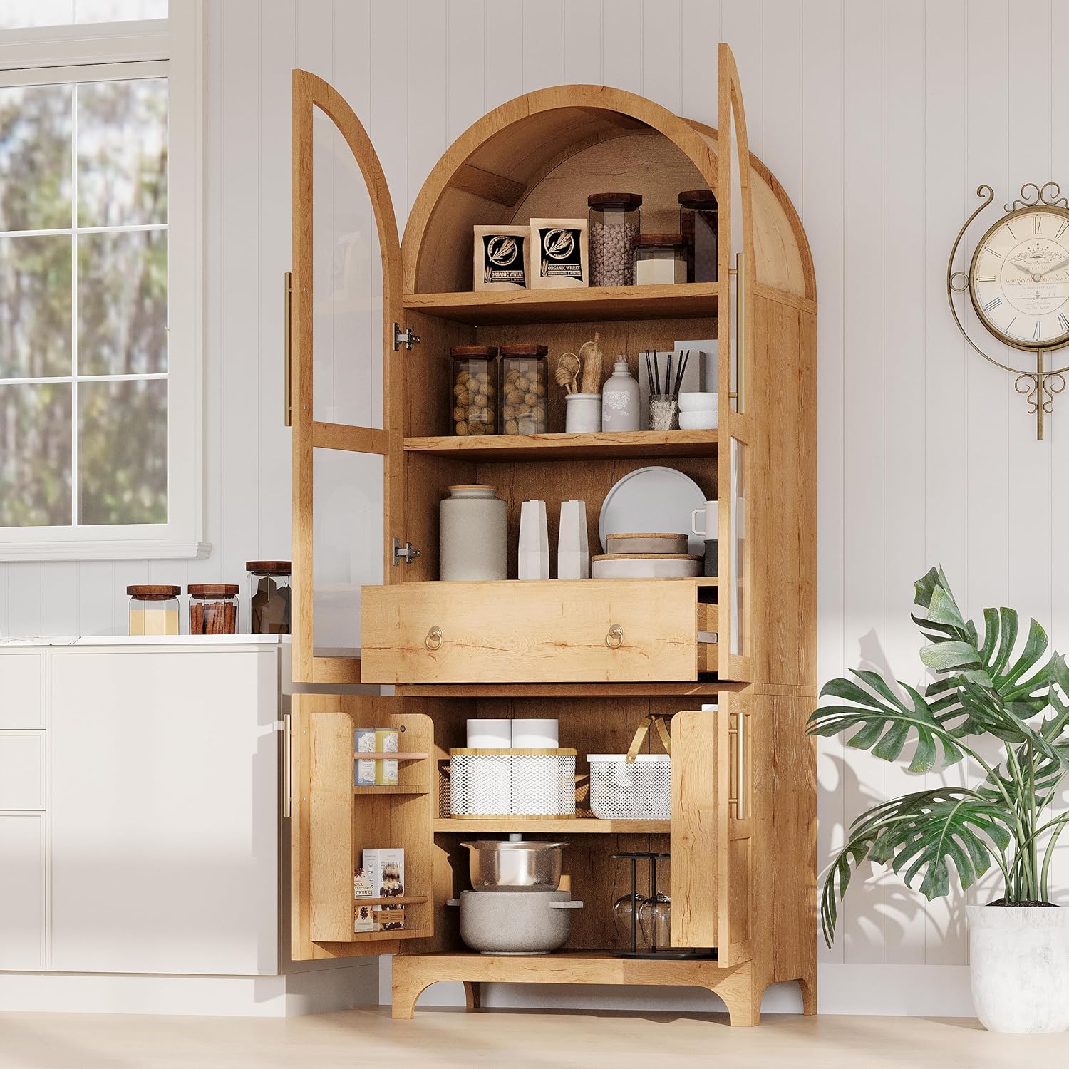 71" Tall Farmhouse Arched Pantry Cabinet with 4 Door Shelves, Adjustable Storage & Hidden Drawer - Rustic Kitchen Cupboard with Glass Door, Dining Room Organization (30"W x 15.75"D) (Natural)