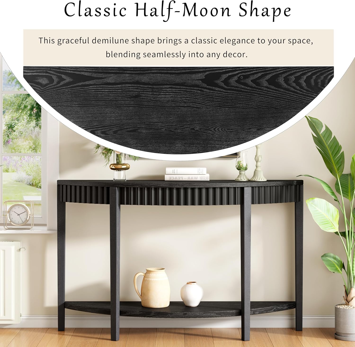 55'' Elegant Half Moon Entryway Table with Wood Veneer and Open Shelf A Refined Accent for Hallways or Foyers