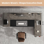 78" Executive Desk with Lockable File Cabinet, L Shaped Office Desk with Power Outlets, Large Executive Desk with Drawers and Storage Shelves , Reversible Computer Desk with Privacy Screen, Grey