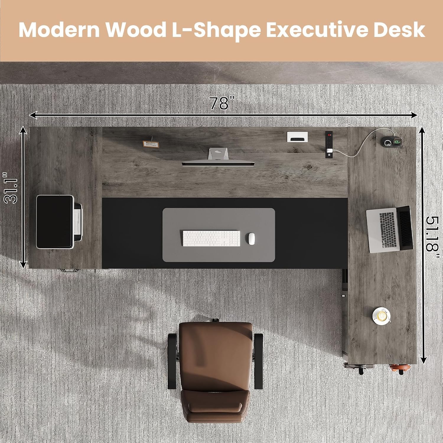 78" Executive Desk with Lockable File Cabinet, L Shaped Office Desk with Power Outlets, Large Executive Desk with Drawers and Storage Shelves , Reversible Computer Desk with Privacy Screen, Grey