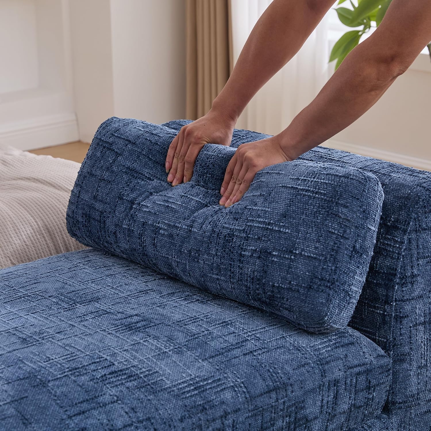 mikibama 83.1" Extra Long Ottoman Bench for Bedroom,Oversized Chenille Upholstered Chaise Lounge Sofa Benches,Modern End of Bed Bench with Arms,Lounger Daybed Couch with Pillows (Blue)