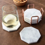 White Carrara Marble Coasters & Rose Gold Coaster Holder (Set of 5)- Durable, Thick Coasters - Protects Any Table Type & Fits Any Coffee Mug, Drinking Glass, Barware - Great Wedding