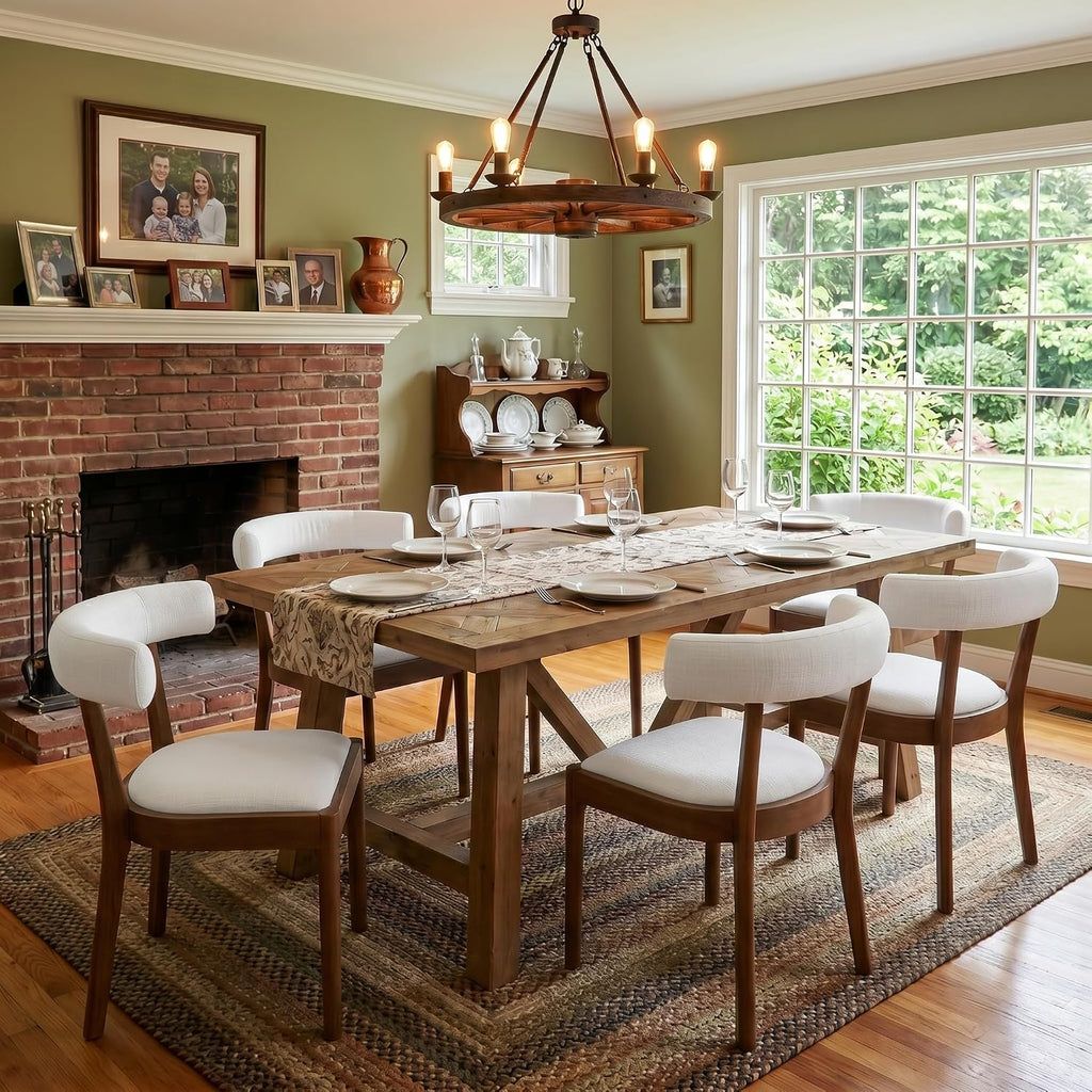 chairus Barrel Back Dining Chairs Set of 4, Farmhouse Upholstered Dining Chairs with Natural Walnut Finished Frame Comfy Unique Curved Open Back for Kitchen/Restaurant/Dining Room, Linen White