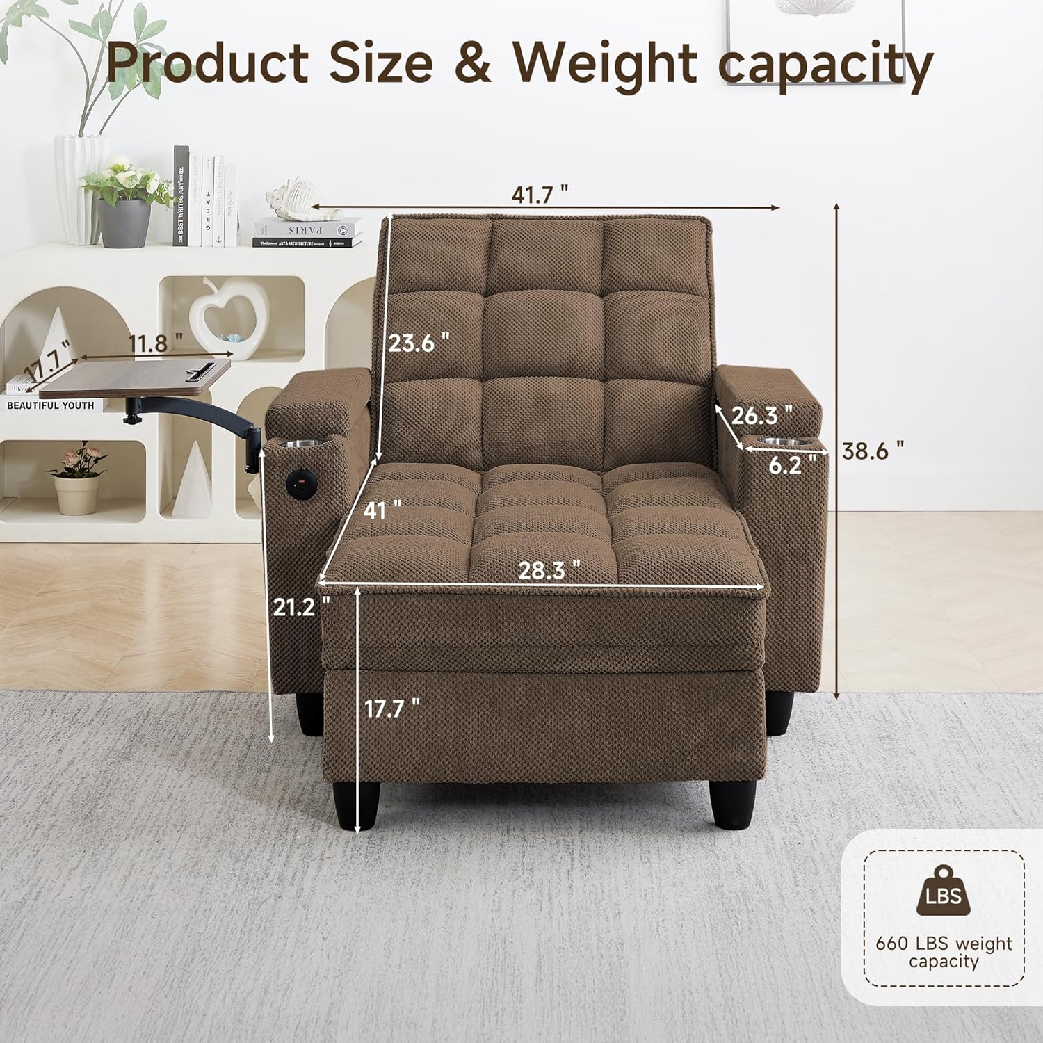 41.7" Oversized Living Room Chair, Convertible Chaise Lounge Chair Indoor with Adjustable Backrest, Deep Seat Accent Reading Chair with Armrest Storage, Swivel Side Table & Cup Holders for Bedroom