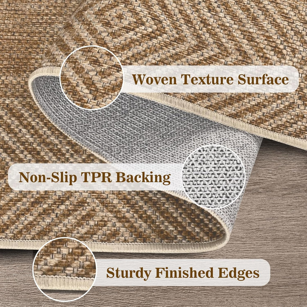 Jute Rug 5x7 Outdoor Patio Rug with Border, Washable Rugs for Living Room, Farmhouse Non Slip Area Rugs with Rubber Backing Indoor Outdoor, Non Shedding Carpet for Bedroom, Courtyard, Light Brown