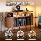 PRAISUN 47.2 Inch Large Record Player Stand with Power Outlets & 3-Color Lights, Vinyl Record Stand with 2 Fluted Cabinets, USB-C Port, Mid Century Modern Player Stand, Open Storage, Walnut