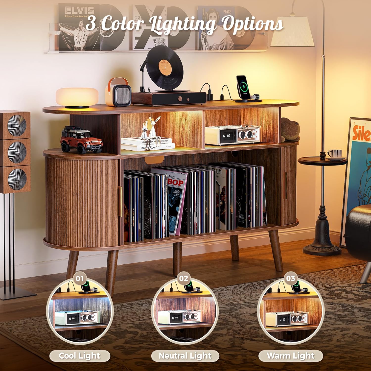 PRAISUN 47.2 Inch Large Record Player Stand with Power Outlets & 3-Color Lights, Vinyl Record Stand with 2 Fluted Cabinets, USB-C Port, Mid Century Modern Player Stand, Open Storage, Walnut