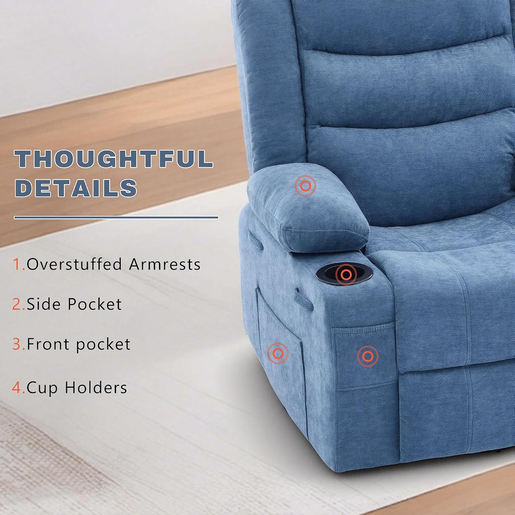 Swivel Rocker Recliner Chair, Manual Recliner Single Sofa with Cup Holders and Side Pocket, Chenille Fabric, Upholstered Nursery Rocking Chair for Living Room, Bedroom, Blue