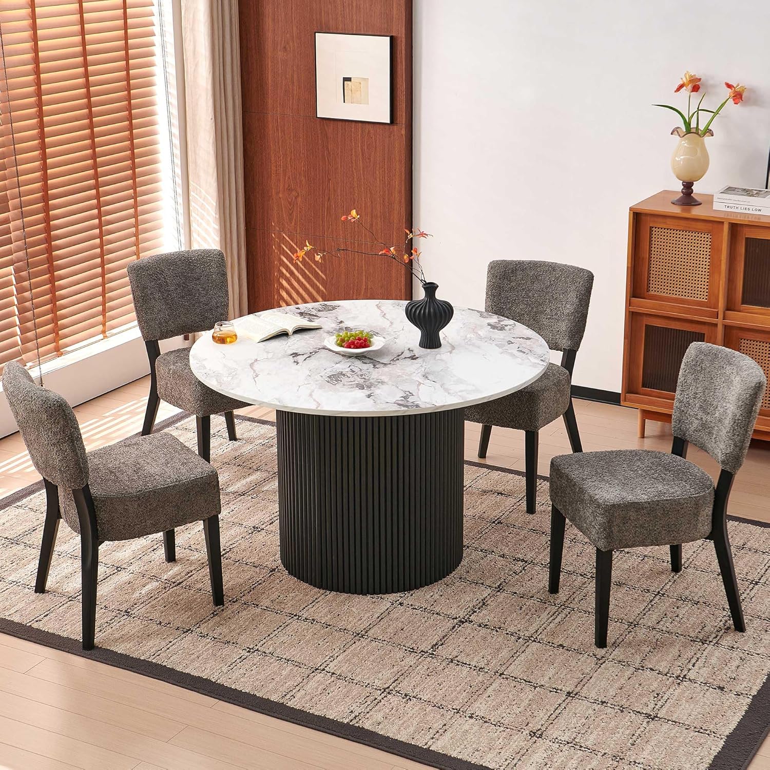 Modern Round Kitchen Table for 4, 47" White Dining Table, Circle Dining Room Table, Dinner Coffee Table with White Marble Effect Tabletop, Wood Strips Pedestal Base for Living Room