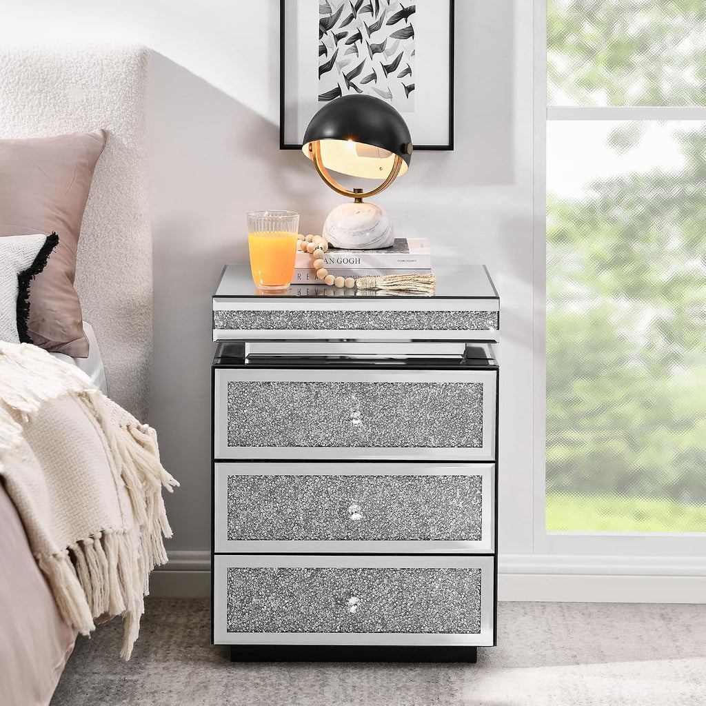 KEIKI Mirrored Nightstand with 3 Drawers, Nightstand with Crystal Inlay, Mirror End Table, Modern Bedside Table, Glass Table for Bedroom, Silver