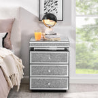 KEIKI Mirrored Nightstand with 3 Drawers, Nightstand with Crystal Inlay, Mirror End Table, Modern Bedside Table, Glass Table for Bedroom, Silver