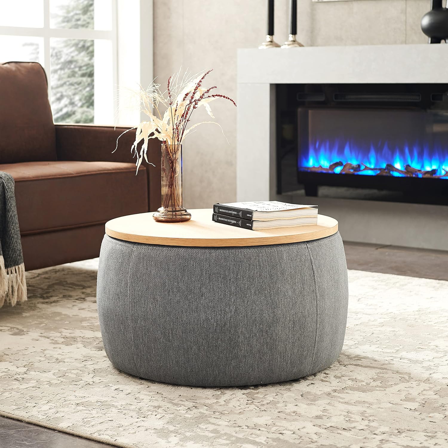 Round Ottoman, Ottoman with Storage, Coffee Table 2 in 1 Function, End Table for Living Room, Hallway, Bedroom (Dark Grey)