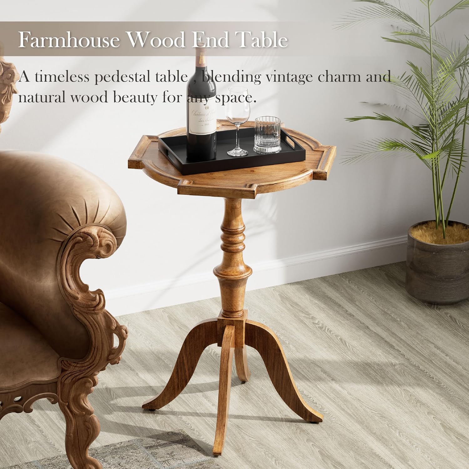 COZAYH Rustic Pedestal End Table, Distressed Farmhouse Side Table with Unique Tray-Style Wooden, Accent End Table for Bedroom, Living Room, Entryway, Brown